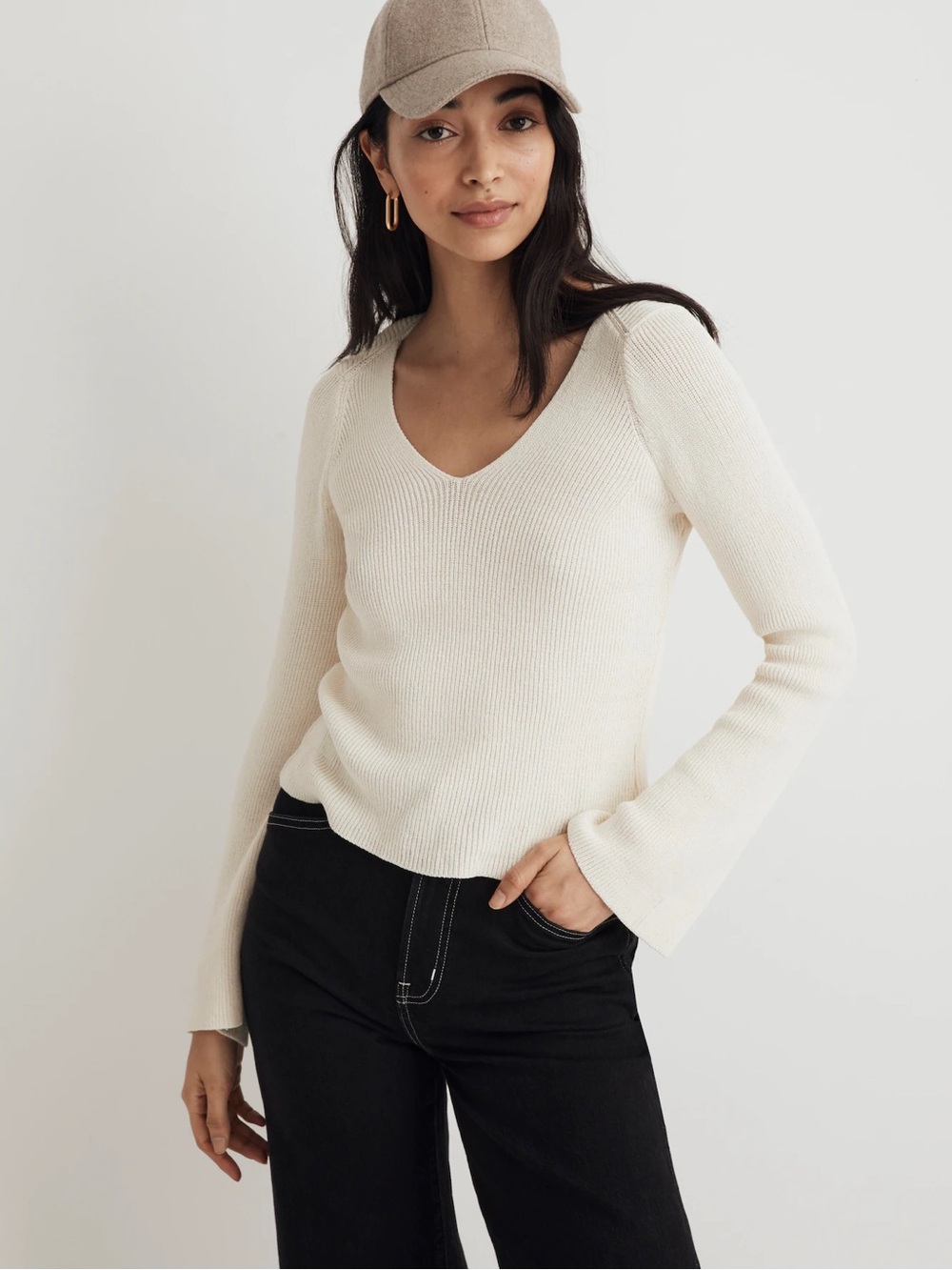 MADEWELL Cream V-Neck Ribbed Sweater